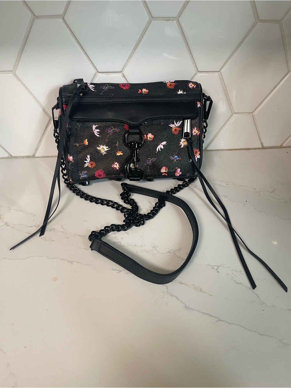 Rebecca Minkoff Black Floral Chain-Accent Crossbody